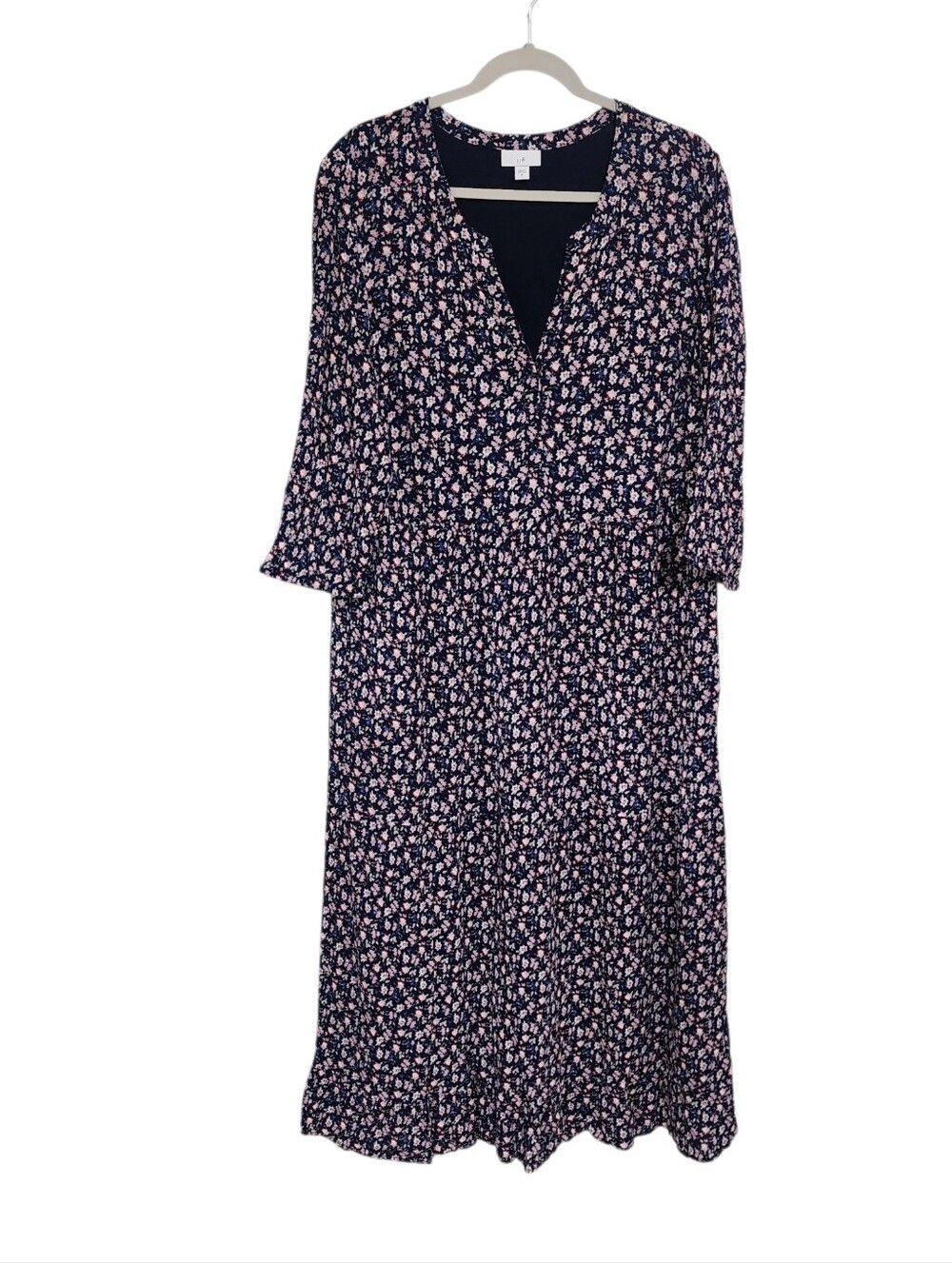 J. Jill Navy Ditsy Floral Wearever 3/4 Sleeve Maxi Dress XL Mature Modest